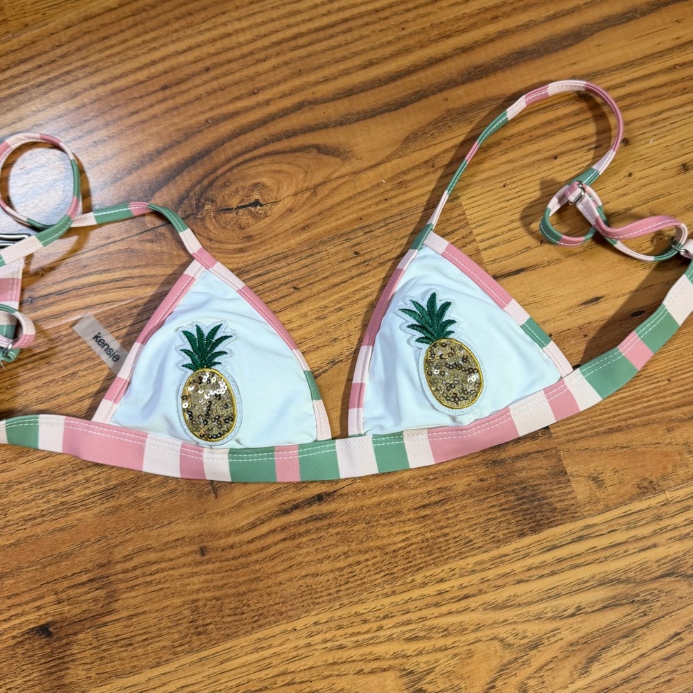 Kensie Pink Green Striped Pineapple Sequin Triangle Bikini Top White Size S - Picture 4 of 7